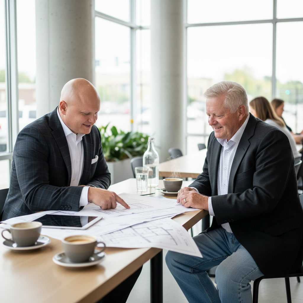 Tyson Liese reviewing commercial property plans with a client