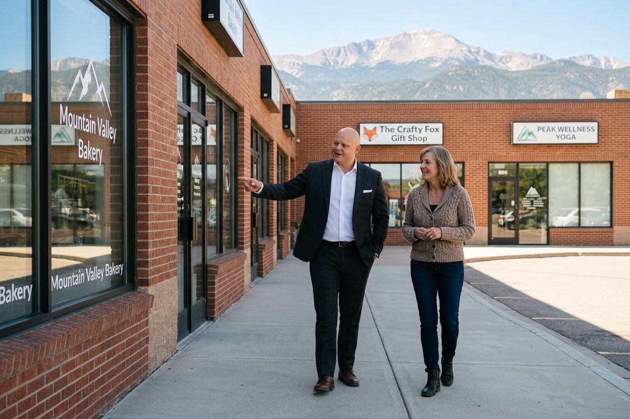 Tyson Liese walking with a client outside a Colorado Springs commercial property